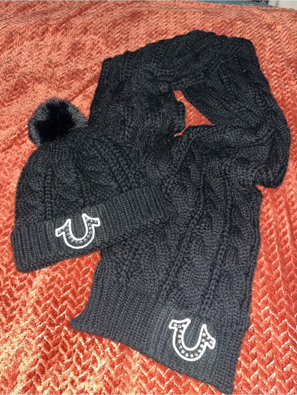 True Religion Black Cable Knit Beanie and Scarf Set with Studded Horseshoe